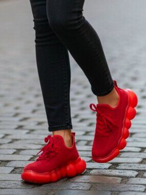 Red Mesh Athletic Sneakers With Bubble Sole - Breathable Lightweight Design For